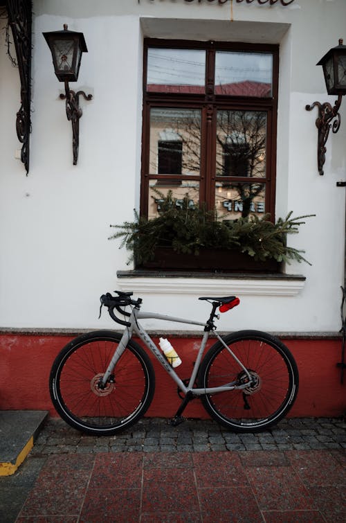 A bike leaning against a wall in front of a building