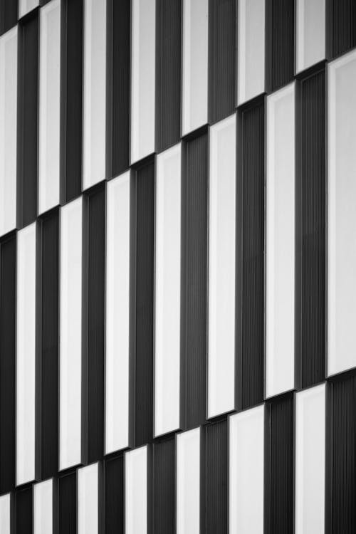 Black and white photograph of a building with vertical stripes