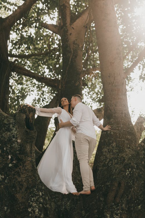 Free Just Married Couple Posing in a Forest Stock Photo