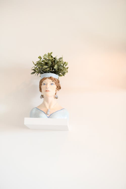Figurine of Woman with Potted Plant on Head on Shelf