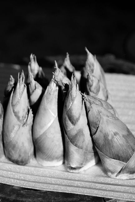 Pale ivory bamboo shoot strips sliced into matchsticks next to a stir-fry pan with mushrooms and scallions