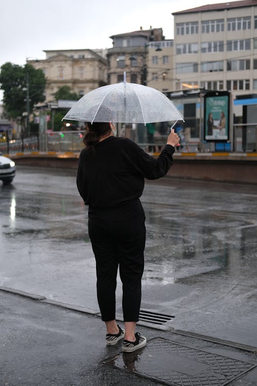 A woman with an umbrella walks on a rainy day