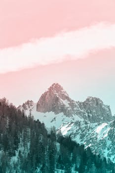 A breathtaking view of a snow-covered mountain peak with pastel skies at sunrise.