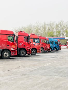 A row of vibrant trucks parked at a transportation depot in Tianjin, China.