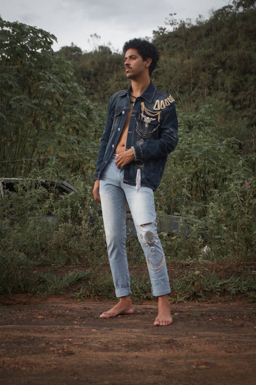 Man Wearing Blue Denim Jacket