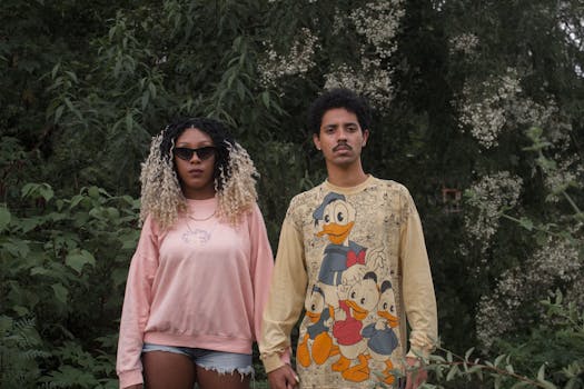 一对时尚情侣自信地站在郁郁葱葱的绿化中，展示着休闲服饰与独特风格