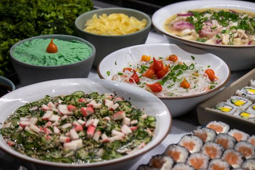 A vibrant array of Japanese dishes, including sushi and salads, artfully presented for a delicious feast.
