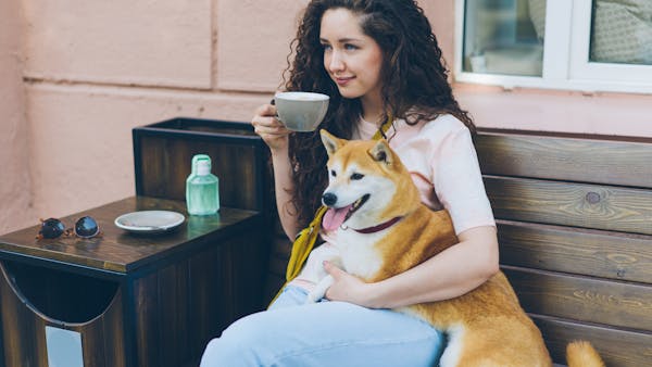 A young woman enjoys coffee outdoors, sitting on a bench with her Shiba Inu.