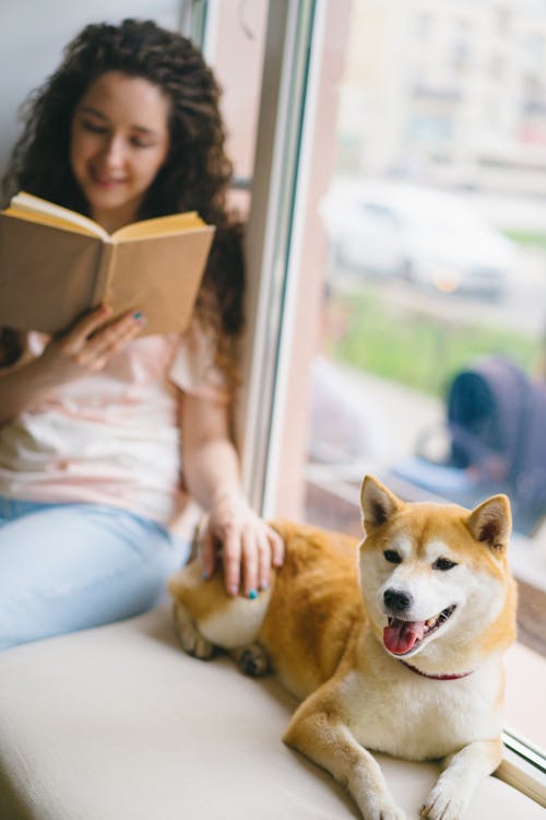 A woman reading a book while sitting on a window sill