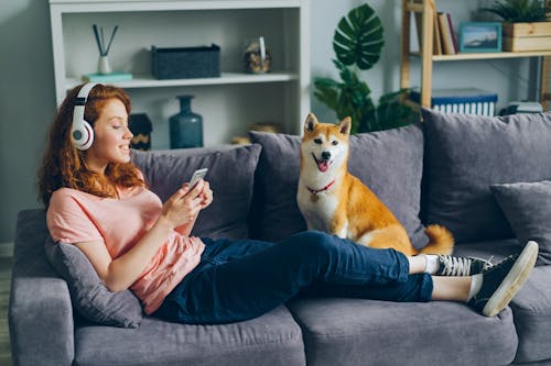 Woman with headphones and dog on couch