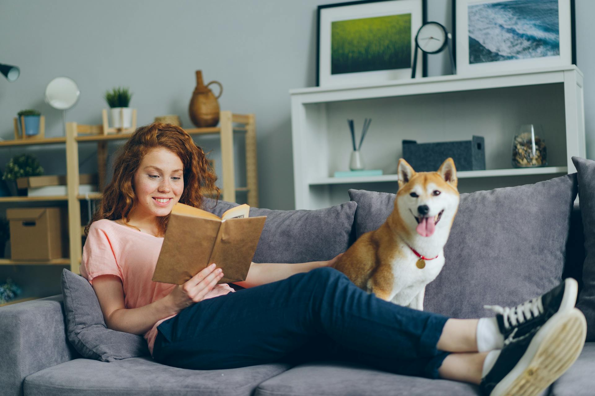 A Woman and a Dog on a Sofa