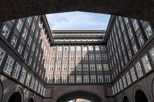 Free View of Chilehaus courtyard facade in Hamburg, an iconic UNESCO World Heritage site. Stock Photo