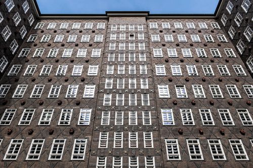 Free Facade of the historic Chilehaus in Hamburg, Germany, showcasing unique architecture and symmetry. Stock Photo