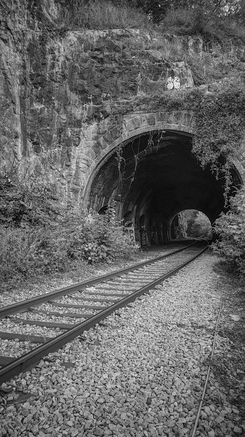 Free A rustic railway track leading into a stone tunnel surrounded by nature. Stock Photo