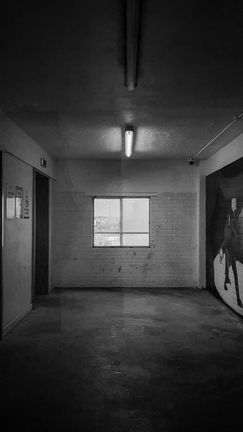 A black and white photo of an empty room