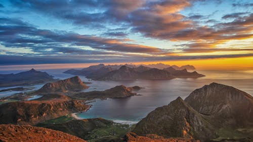 A scenic wiev of the western part of the Lofoten islands shot from the top of MT."Stornappstinden" in Flakstad island, Lofoten islands