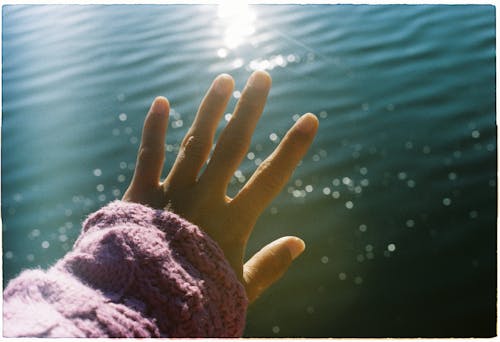 A person's hand reaching out to the sun