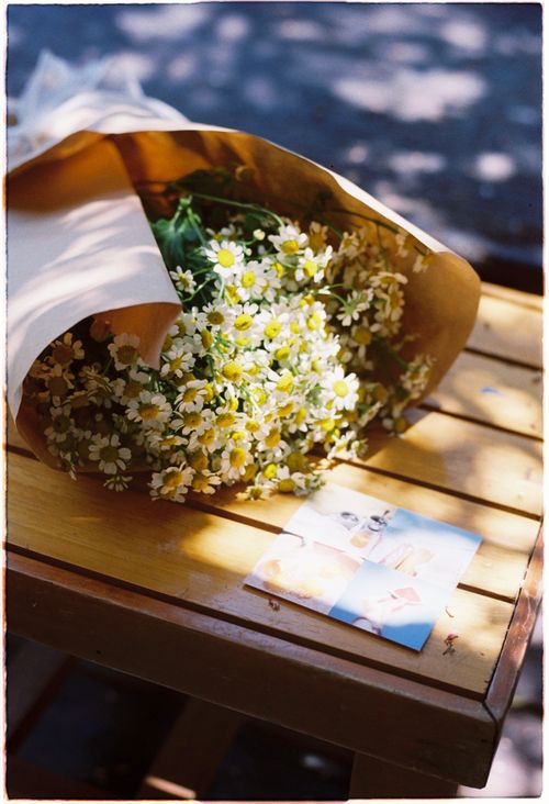 Free A beautiful bouquet of daisies wrapped in paper sitting on a wooden table outdoors. Stock Photo