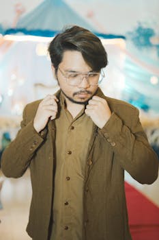 Stylish man with glasses adjusting jacket collar indoors. Fashion portrait with soft lighting.