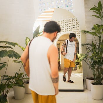 Asian man in casual outfit reflected in a mirror surrounded by plants.