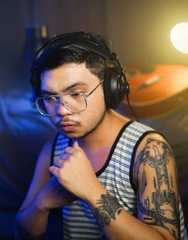 Portrait of a fashionable man wearing headphones and showcasing tattoos, set in a modern studio.
