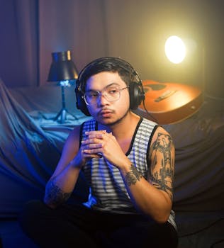 Portrait of a tattooed man in a striped tank top wearing headphones, seated indoors next to a guitar.