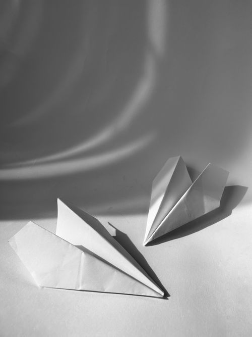 Free Artistic black and white photo featuring two folded origami paper airplanes with dramatic shadows. Stock Photo