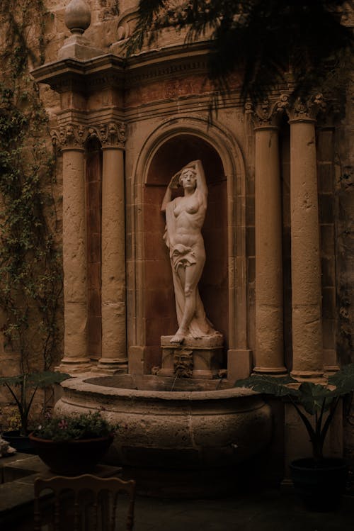 A statue is in front of a fountain