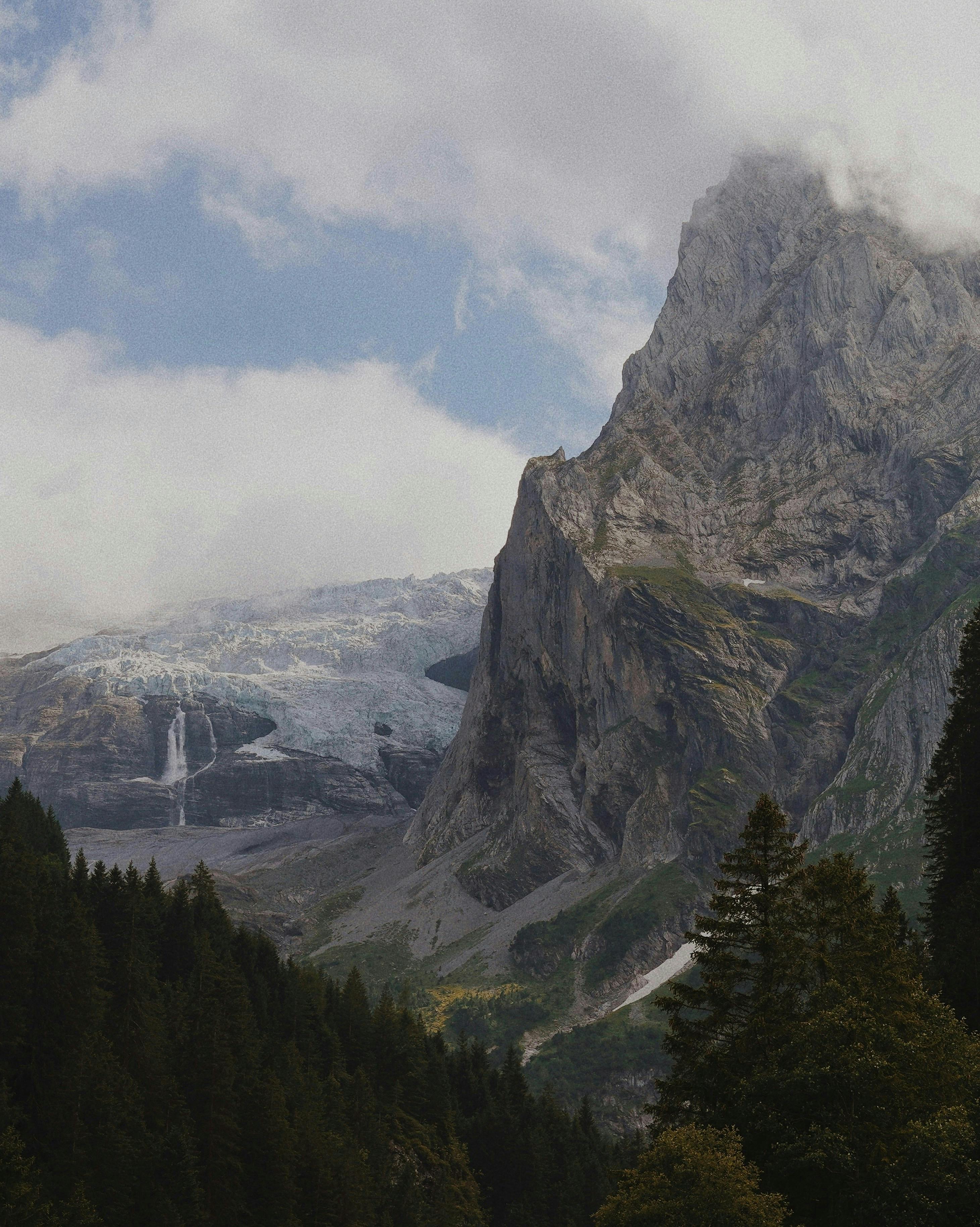 Stunning view of the Swiss Alps in Meiringen, Switzerland, featuring a pine forest and towering mountains.