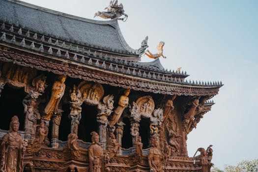 Intricate wooden sculptures adorn the temple facade in Bangkok, Thailand.
