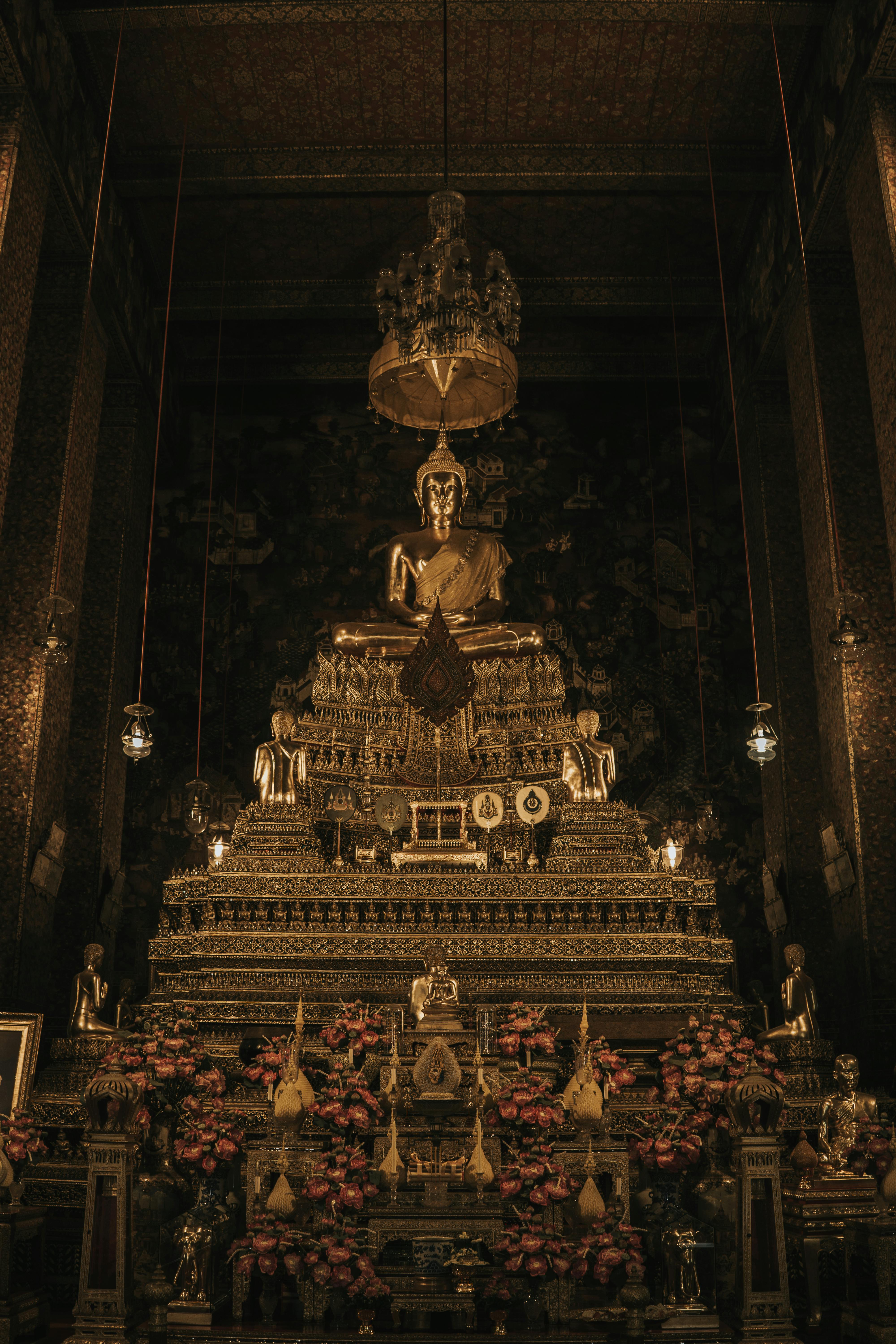Free Detailed view of a Buddha altar inside Wat Pho temple, Bangkok, showcasing exquisite ornamentation. Stock Photo
