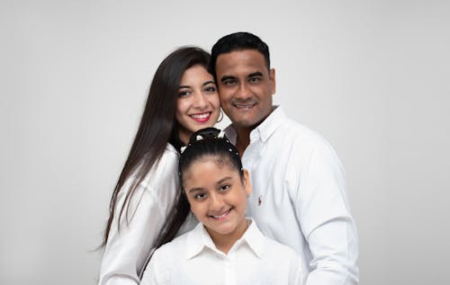 A family posing for a photo on a white background