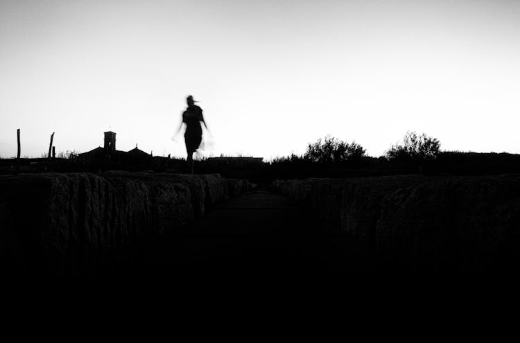 Silhouette Of Walking Person In Black And White