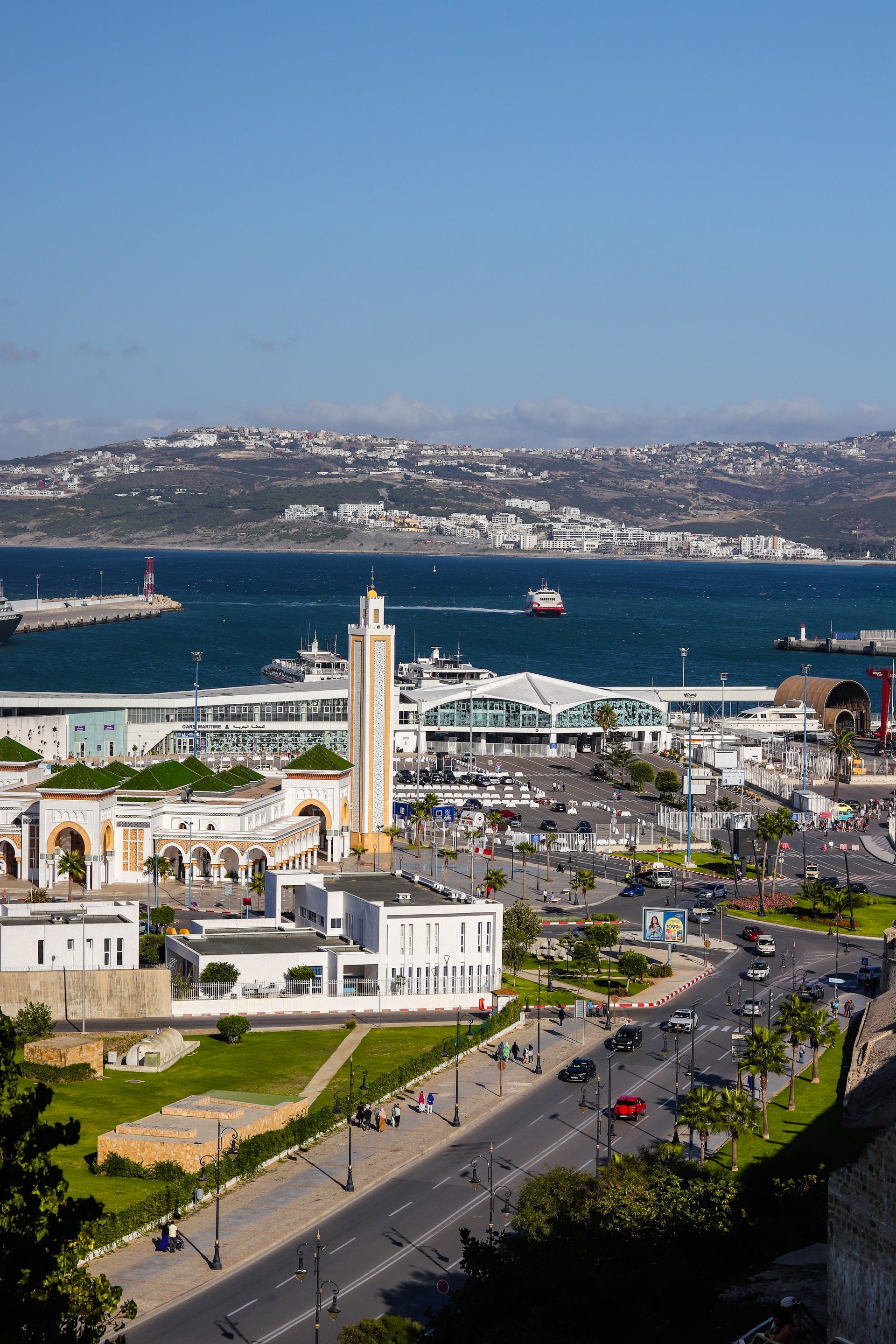 Aerial view of Tangier's coastline on the Strait of Gibraltar, Morocco