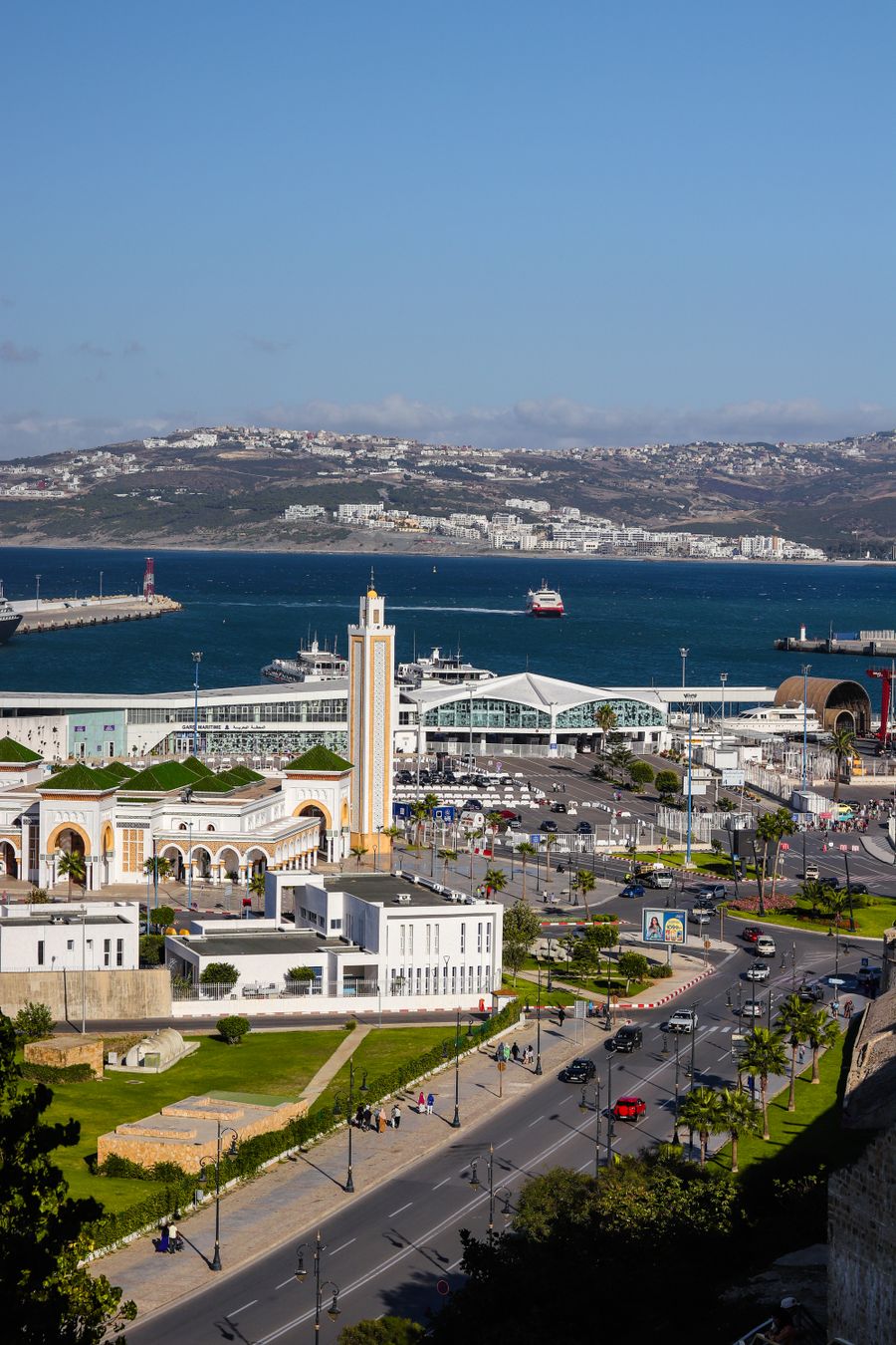 Aerial view of Tangier's coastline and mosque on the Strait of Gibraltar, Morocco