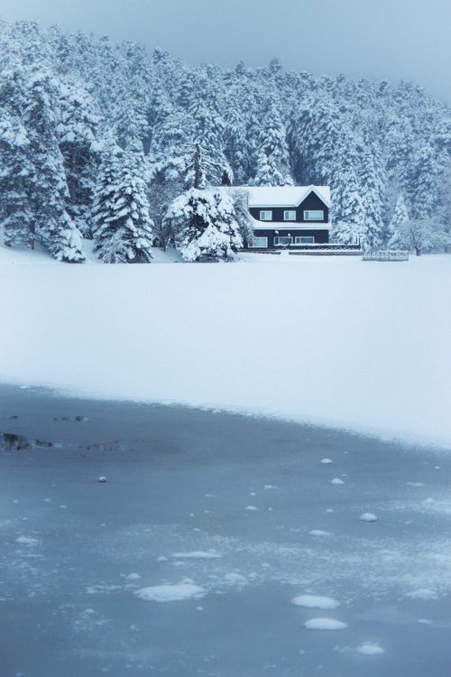 Free Scenic winter landscape with a cabin surrounded by snowy conifers and a frozen lake. Stock Photo
