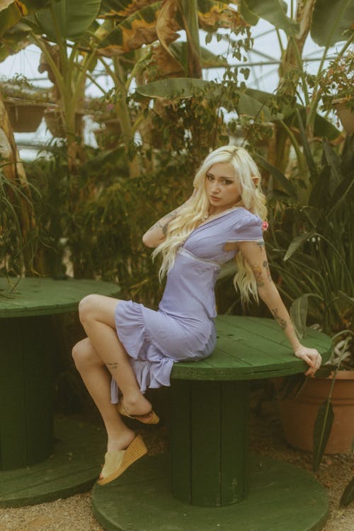 Darmowe zdjęcie z galerii z blond, fioletowa sukienka, fotografia mody
