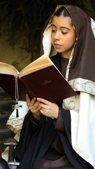 A young nun in a monastic habit reading a book with a rosary in hand, evoking spirituality and devotion.