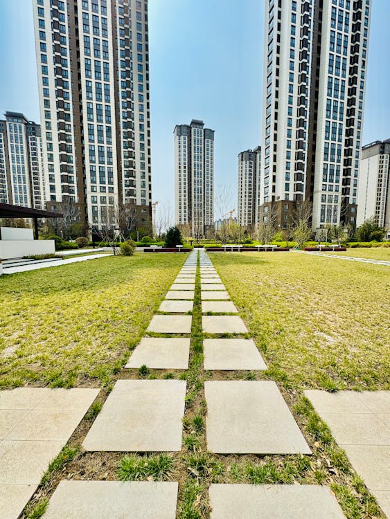 Paving Slabs on Grass in City Park
