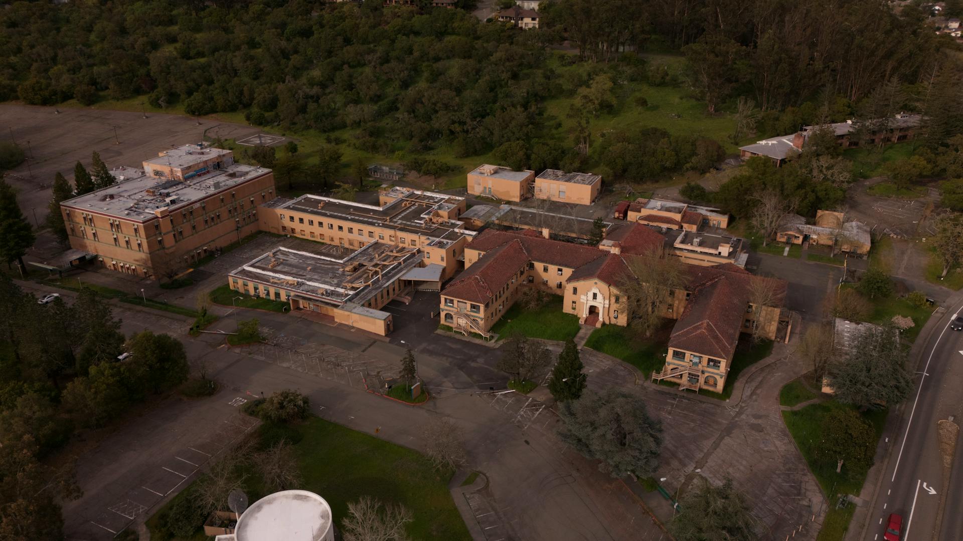 Explore the aerial perspective of a once bustling complex now abandoned in Santa Rosa, CA.