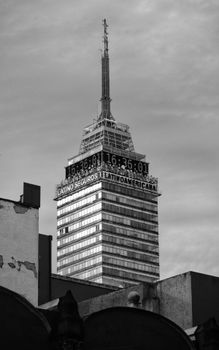Black and white view of Torre Latinoamericana, an iconic skyscraper in Mexico City.