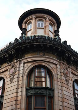 Detailed view of the ornate facade of Casa Boker, a landmark building in Mexico City.