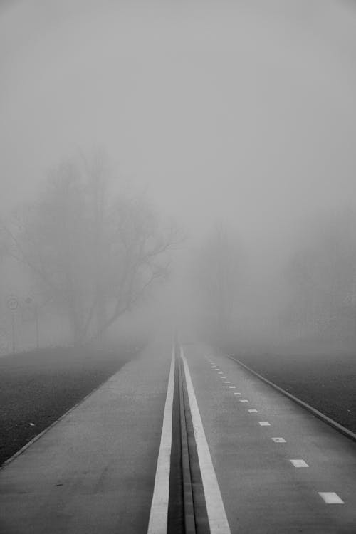 A black and white photo of a road in the fog
