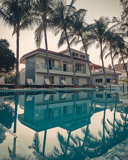 A pool with palm trees and a house in the background