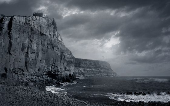 Grayscale Photography of Body of Water Near Mountain