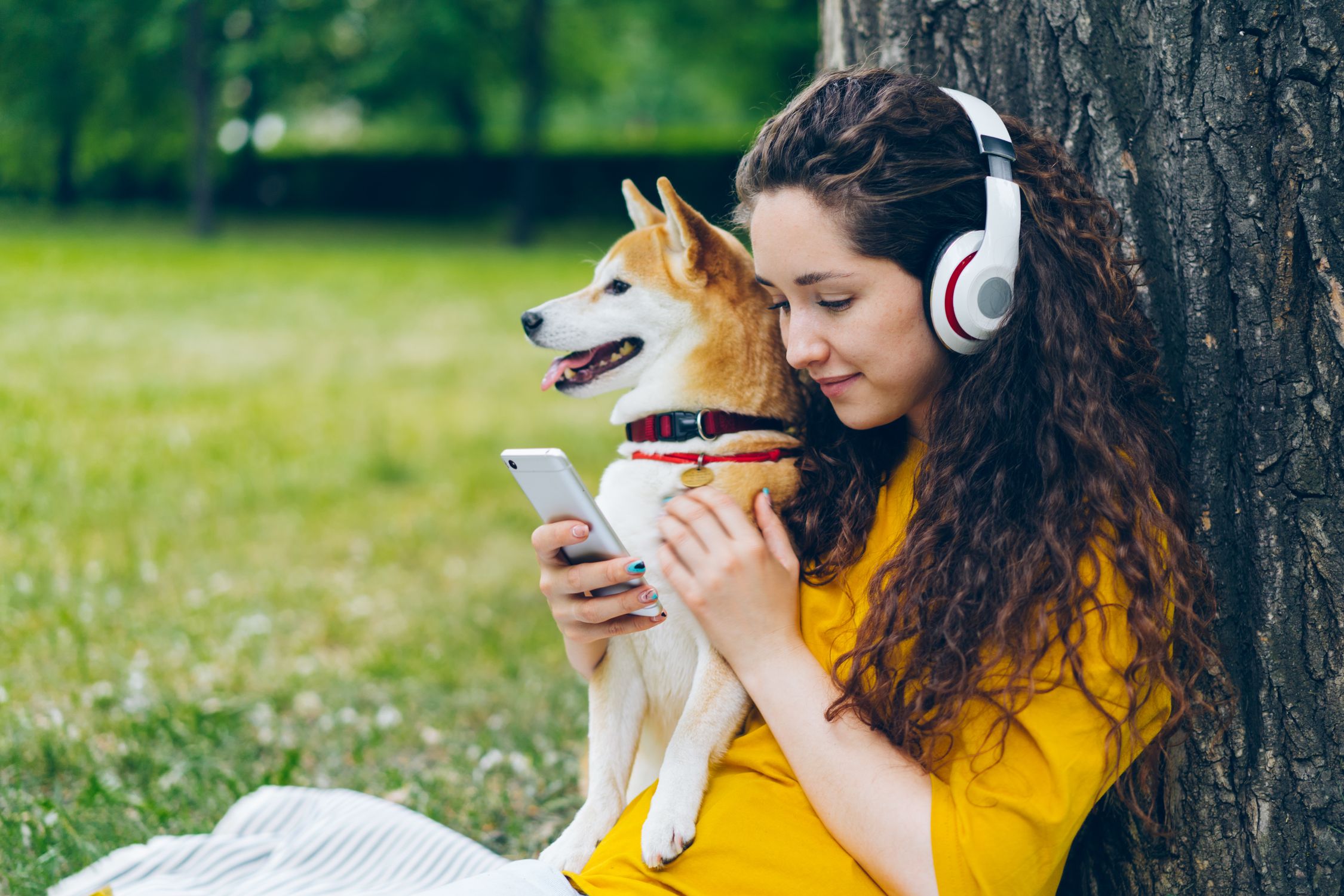 Woman in yellow with headphones sits by tree using smartphone with dog.