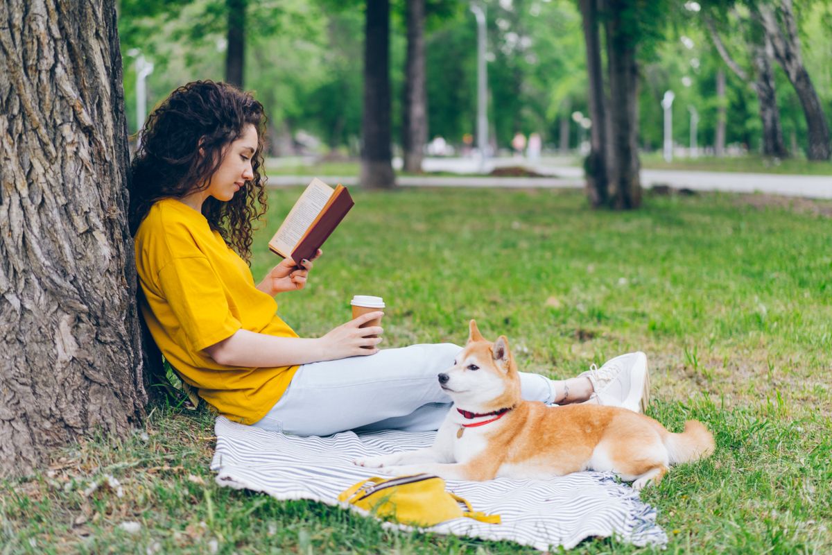 A young woman reading in a park with her Shiba Inu resting beside her on a blanket, a relaxed everyday moment worth turning into a gift.