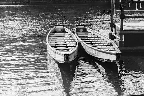 Free Black and White Photography of Canoes at a Pier Stock Photo