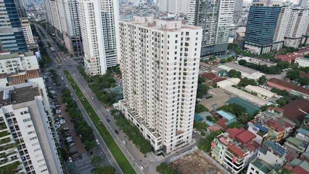 Aerial perspective of skyscrapers in Thanh Xuân, Hà Nội, showcasing urban architecture.