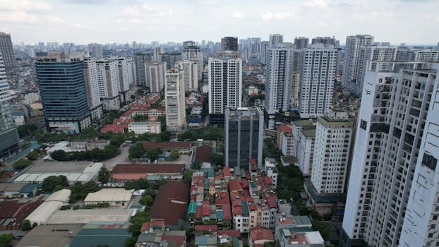 Drone view of modern skyscrapers and residential buildings in Thanh Xuân, Hà Nội, Vietnam.